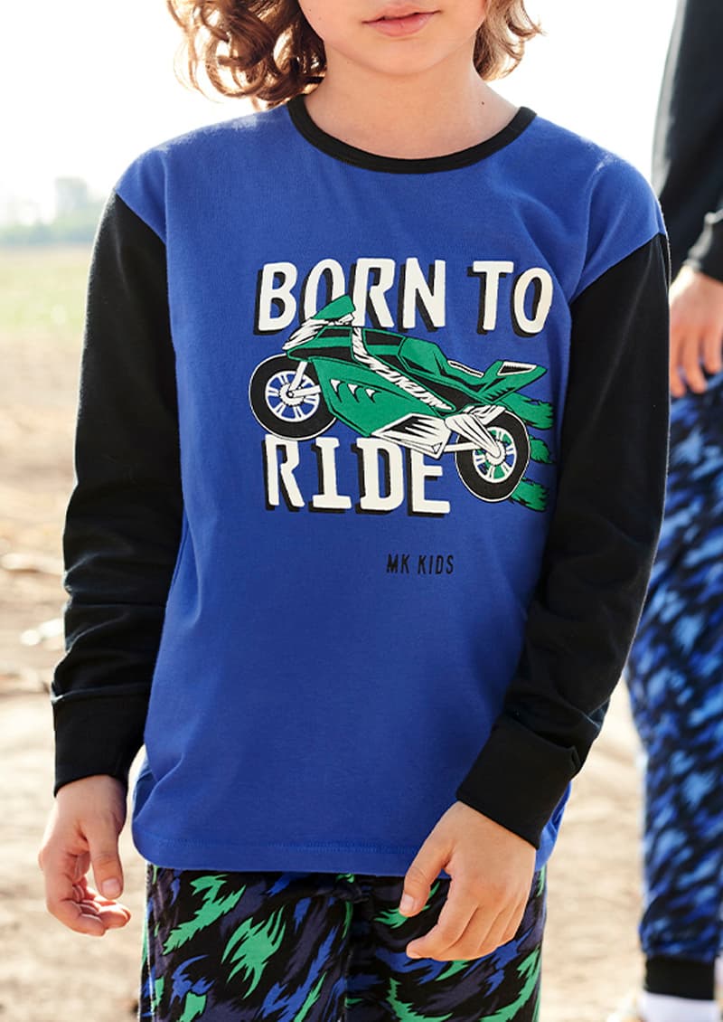 Pijama infantil Motokid jersey manga larga vista frontal completa azul francia - Marcela Koury
