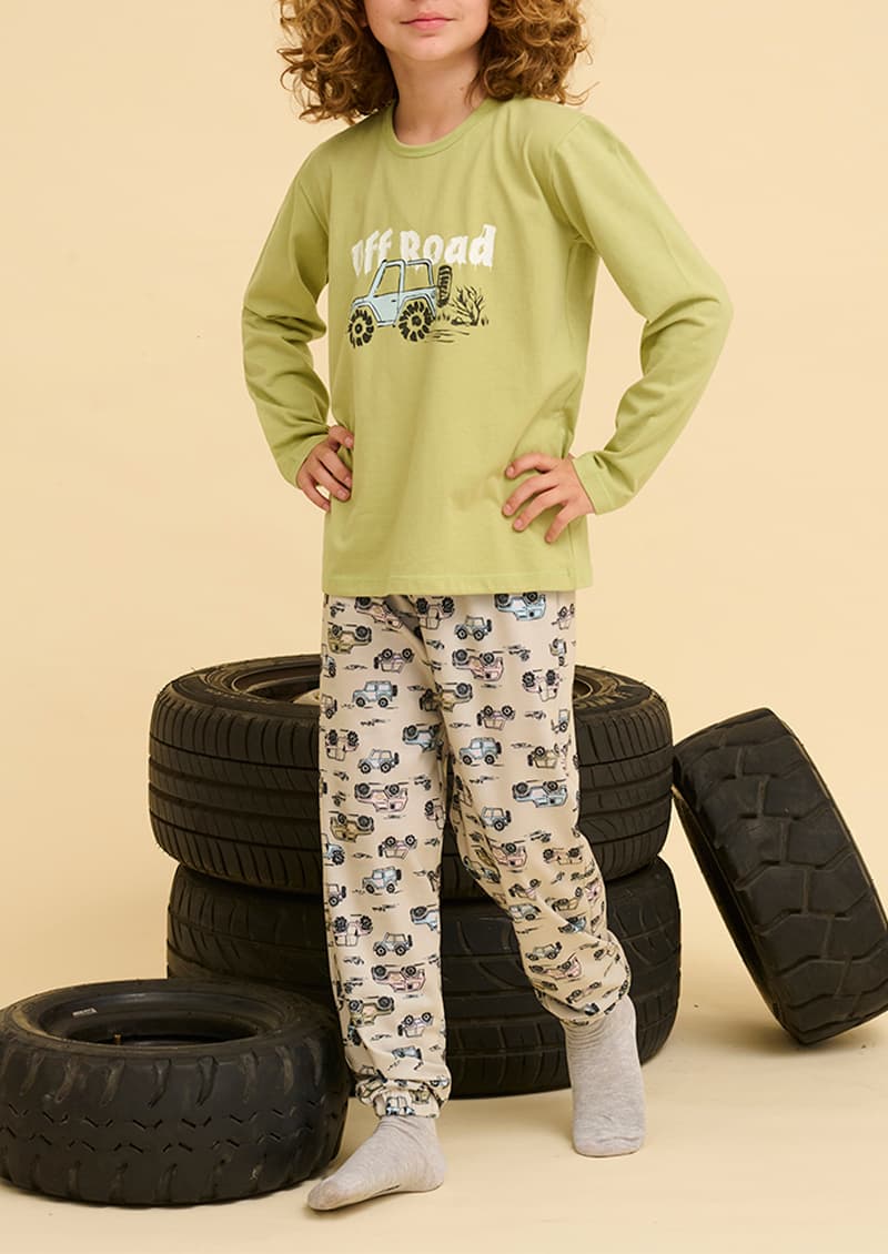 Conjunto pijama infantil Off Road jersey manga larga vista frontal oliva y lavanda oscuro - Marcela Koury