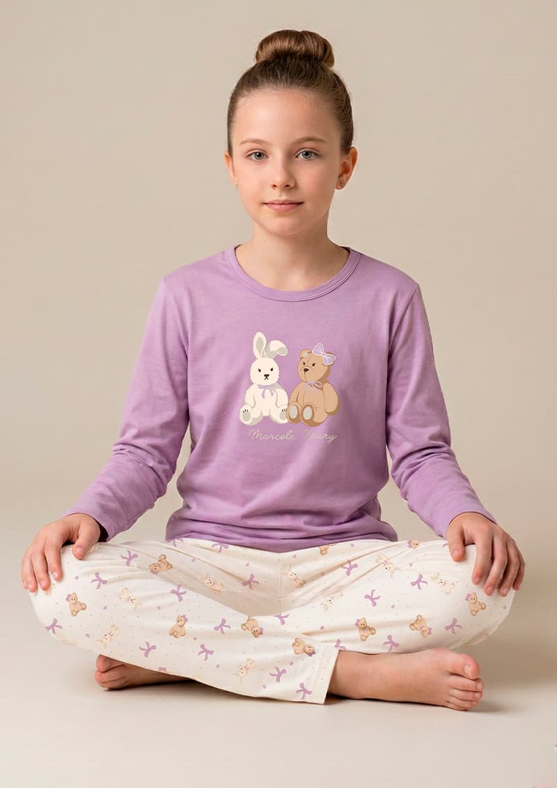 Conjunto pijama infantil manga larga Bianca malva y chocolate styling completo - Marcela Koury