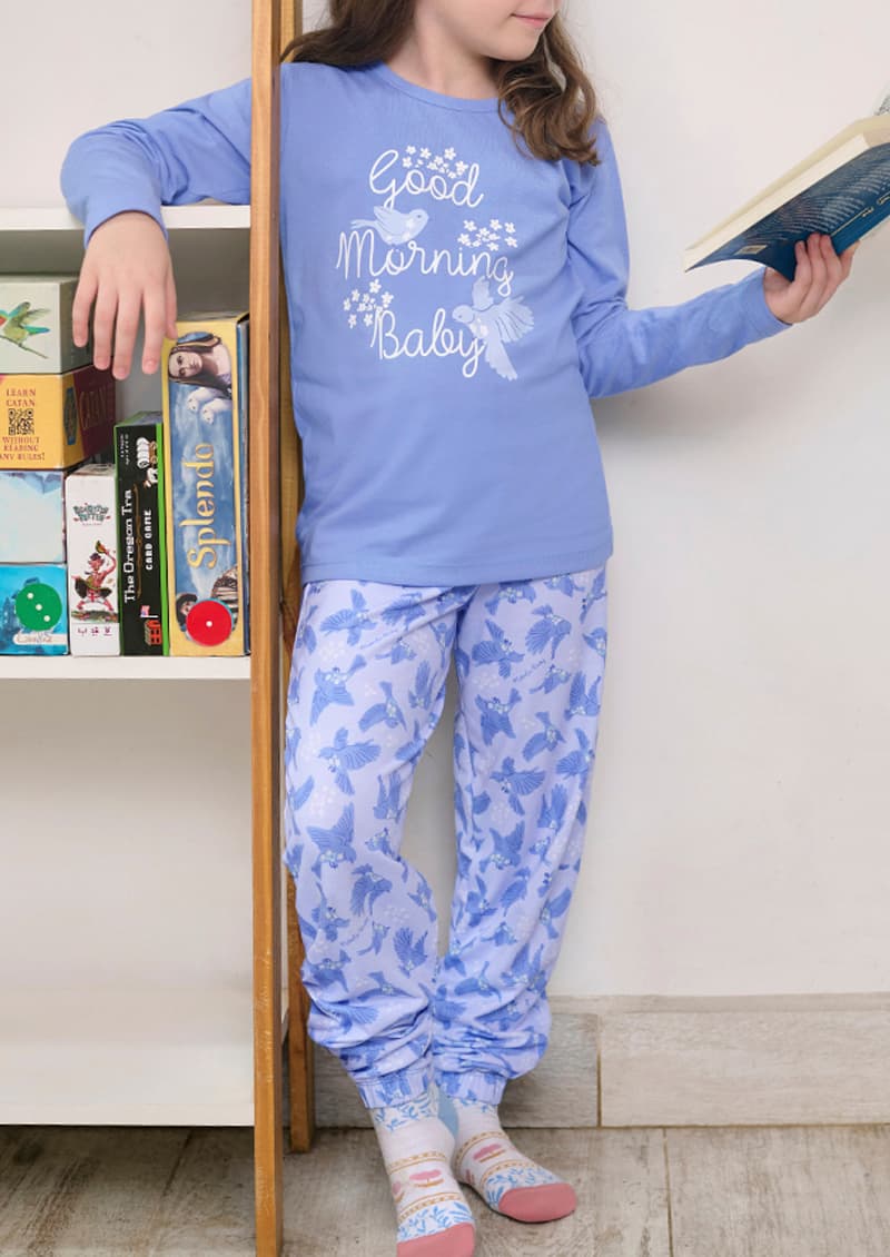 Pijama infantil manga larga jersey celeste y menta Birdie - Marcela Koury