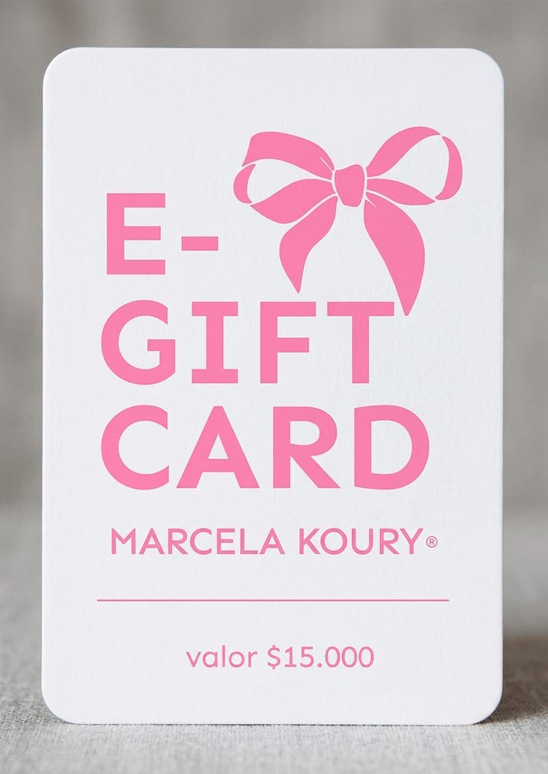 Gift Card Marcela Koury disponible en $15.000, $25.000, $50.000 y $100.000 - detalle de opciones