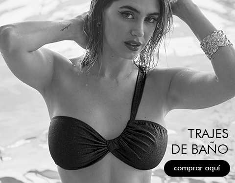 Mujer con traje de ba&ntilde;o de dos piezas negro de Marcela Koury