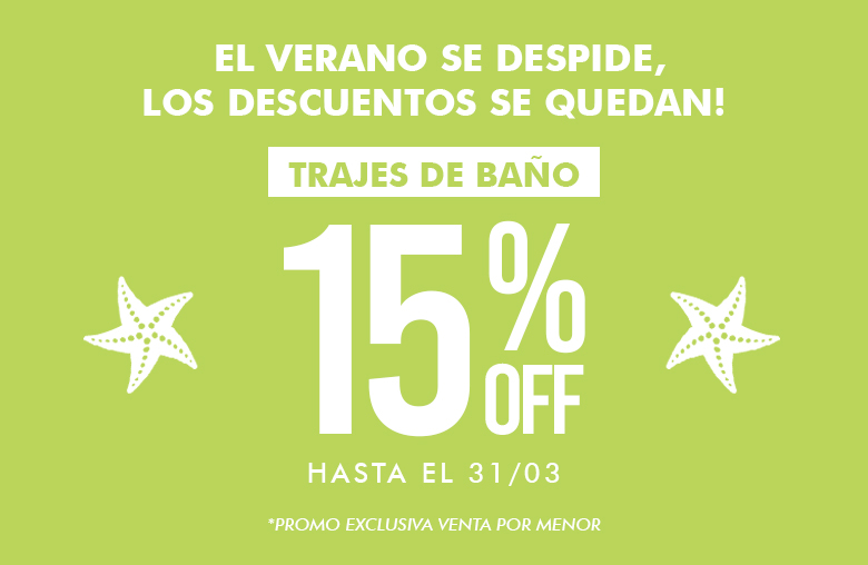 -El verano se despide, los descuentos quedan. 15% off en trajes de baño